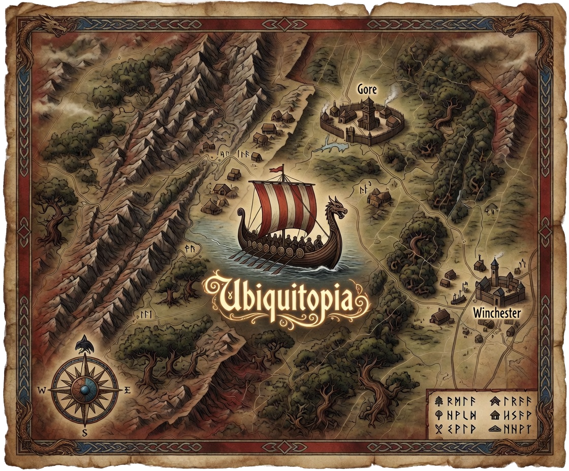 Viking-style illustrated map of the Ubiquitopia lands in Virginia