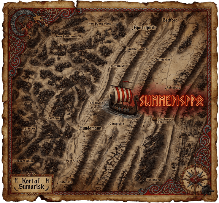 Viking-style illustrated map of SummerIsle at 5575 Bedford Valley Road, Bedford PA