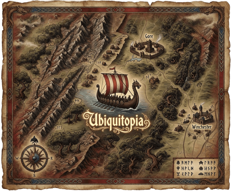 Viking-style illustrated map of the Ubiquitopia lands in Virginia